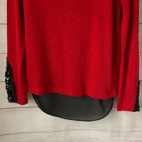 A. Byer Red and Black Blouse Split Back High Low Hem Lace Sleeve Size L - Picture 3 of 16